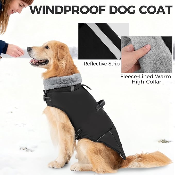 Mihachi Dog Coat for Large Dogs, Warm Dog Winter Coat Waterproof Dogs Jacket with Harness Built in Reflective Pet Fleece Vest, Puppy Cold Weather Coats Turtleneck & Windproof Pet Snowsuit, Black XXL
