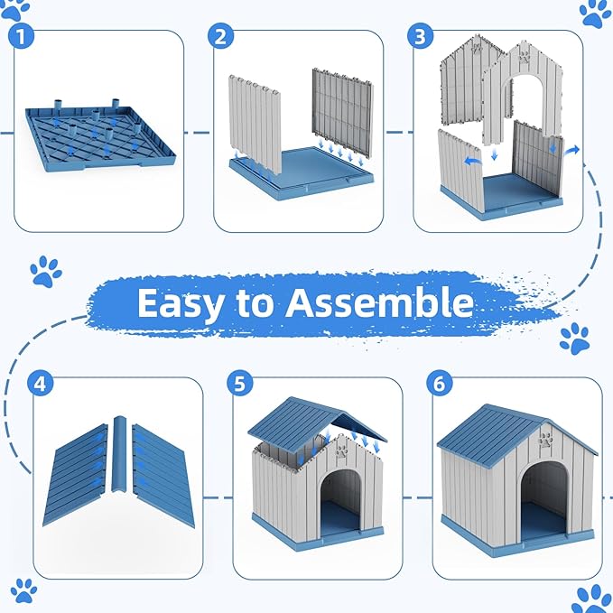 Small Dog House Indoor，Weatherproof Resin Outdoor Dog House with Elevated Floor and Air Vents, Medium Small Dog Kennel Outside (Light Blue, 26.26" L×24.57" W×25.83" H)