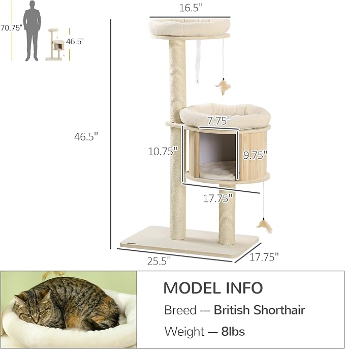 PawHut Cat Tree, 3 Level Cat Tower with Scratching Posts, Bed, Condo, Badminton Toys, for Multiple Kittens