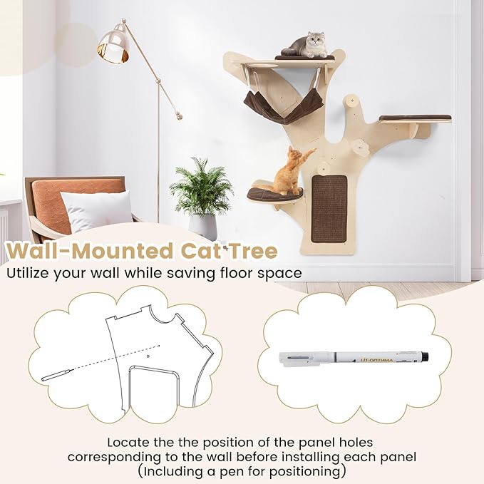 Tangkula Cat Wall Shelves, 4-Layer Wall-Mounted Cat Tree with Sisal Scratching Mat, Perch, Hammock, Padded Platforms, Hole and Ladders, Wooden Cat Climber with Washable Cushions