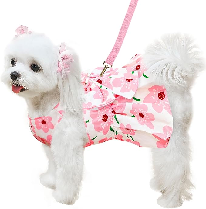 Cute Dog Dress Small Dog Clothes For Girls Female Puppy Outfit Pink Floral Pet Summer Clothes Bowknot Doggy Cat Princess Dress Harness Set for Holiday Birthday Party Costume Clothing (Pink,XXL)
