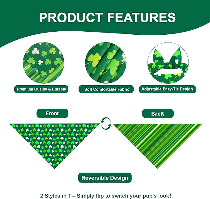 St. Patrick’s Day Dog Bandana for Medium Large Dogs - Reversible Lucky Green Shamrock Clover & Stripes Scarf, Cute Pet Accessory for Irish Gift