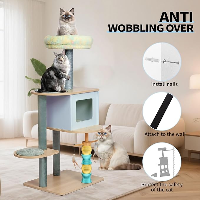 49.2" Cat Tree Tower for Large Cats - 5-Level Solid Wood Cat Condo with Sisal Scratching Posts, Plush Perch & Feather Toys | Multi-Cat Friendly, Sturdy Construction (M+)