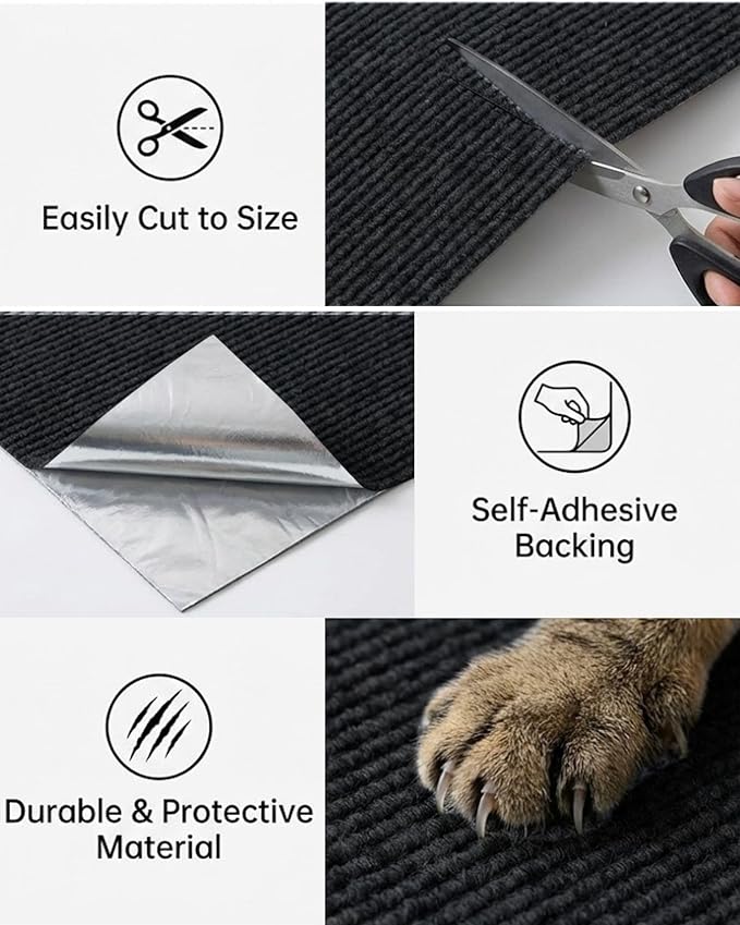 Trimmable Self-Adhesive Cat Scratch Mat, DIY Climb Scratcher for Cat Tower, Couch, and Furniture Protector, Replacement Pads (Black, 23.6''x11.8'', 3-Pack)
