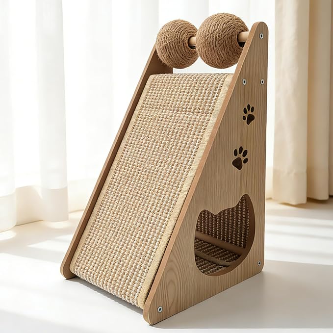Sisal Cat Scratcher Ramp, Scratching Post Vertical Cat Toy Scratch Pad with Balls for Indoor Cats, Solid Wood Cat Furniture