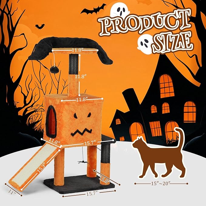 Outvita Halloween Cat Tree, 40" Cat Tower Cat Tree for Indoor Cats with Spacious Cat Condo, Sisal Scratching Posts, Hanging Toys, Orange & Black