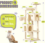 WEEWAY 63in Cat Tree Tower for Indoor Cats, Multi-Level Activity Center with Unique Feline Ear-Style Perch, 2 Cozy Condos, Climbing Ladder, Sisal Scratching Posts, Hanging Balls, Beige