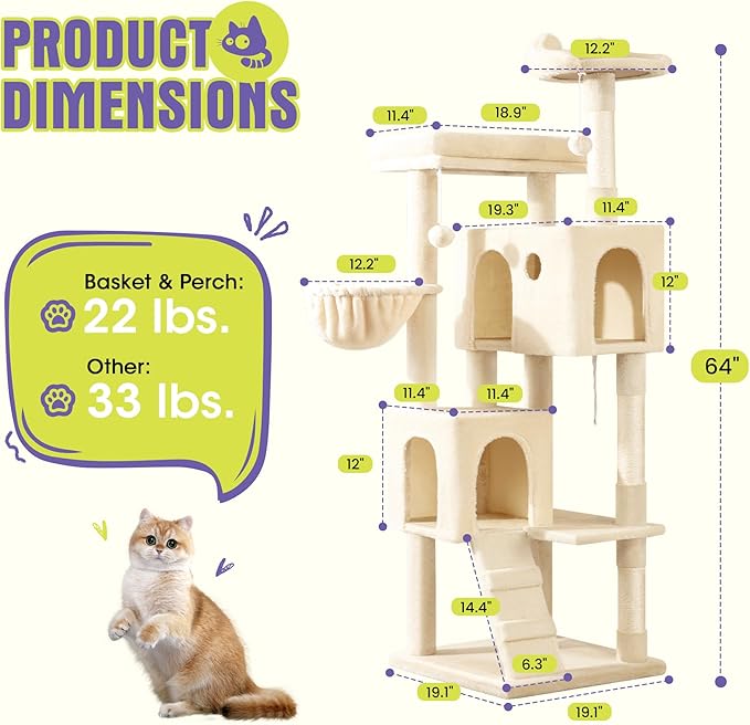 WEEWAY 63in Cat Tree Tower for Indoor Cats, Multi-Level Activity Center with Unique Feline Ear-Style Perch, 2 Cozy Condos, Climbing Ladder, Sisal Scratching Posts, Hanging Balls, Beige