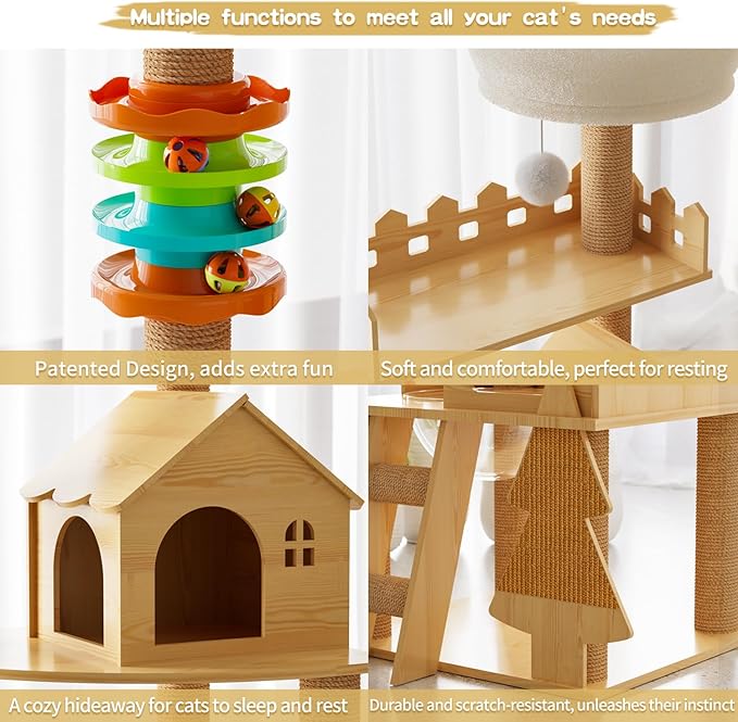 Cat Tree, Wood Cat Tree Tower for Indoor Cats, 60.7" Modern Cat Tower with Sisal-Covered Scratching Posts and Top Perch，Cat Condo with Acrylic Hammock for Small Large Cats