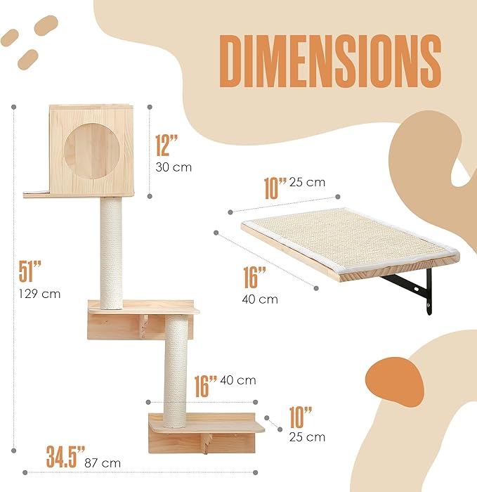 Houseables Wall Mounted Cat Tree, Cat Wall Climber, Kitty Climbing Shelves, Kitty Furniture Shelves, Floating House, Stairs, Mount, Climber, Condo, Playground, Obstacle Course, Indoor Gym, 51 x 35 in