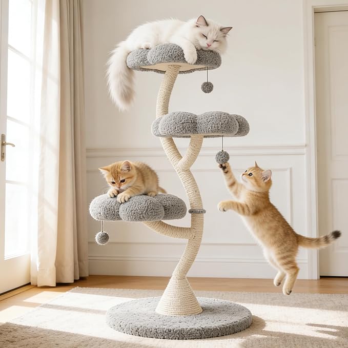 FKWin 48" Tall Cat Tree,Flower Shape Design,Scratching Post Condo,Multi-Level Furniture Activity Center,Kittens Pet House Play with Hang Ball,Plush Cat Tower for Large Cats (Gray-3 Tiers)