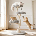 FKWin 48" Tall Cat Tree,Flower Shape Design,Scratching Post Condo,Multi-Level Furniture Activity Center,Kittens Pet House Play with Hang Ball,Plush Cat Tower for Large Cats (Gray-3 Tiers)
