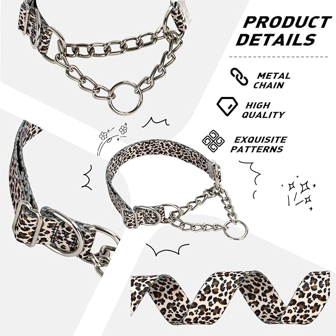 Martingale Collar with Chain,Adjustable Soft Durable Choke Collar for Medium Large XL No Pull Training Dog Collars-Leopard XL