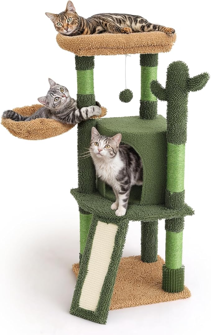 Magshion 42" Cactus Cat Tree for Indoor Cats, Multi-Level Cat Tower with Condo, Scratching Post, Ramp, Perch, Basket & Toys, Compact Cat Climbing Tree for Kittens & Small Cats, Green