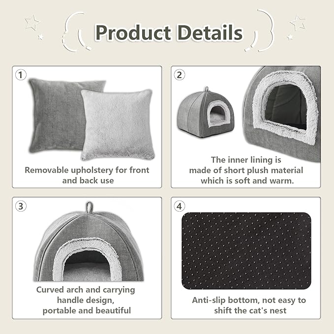 Cat Bed Cave-Cat Beds for Indoor Cats,Kittens and Small Pets,Soft and Warm Cats House Tent Bed,Foldable and Washable with Removable Cushioned and Anti Slip Bottom,Grey 15inches