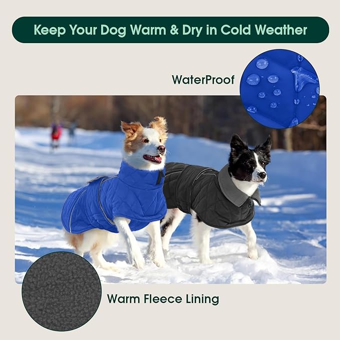 Kuoser Extra Warm Dog Coat, Windproof Cold Weather Dog Jackets for Large Dogs, Thick Fleece Lining Pet Turtleneck Snowsuit Reflective Adjustable Puppy Winter Coat Doggie Snow Jacket Blue, XL
