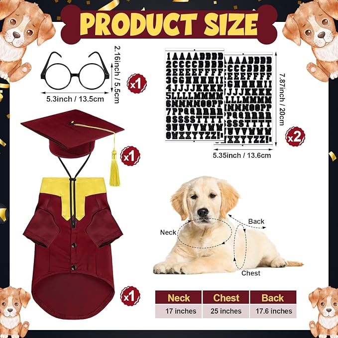 5 Pcs Dog Graduation Costume Set Include 2026 Pet Graduation Gown with Stole Puppy Grad Cap Lensless Glasses DIY Letter Stickers for Dogs Cats Holiday Costume Accessory(Maroon Yellow,L)
