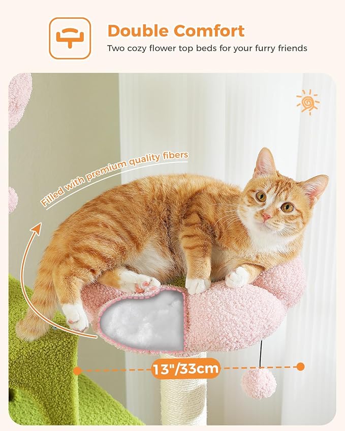PEQULTI 71'' Cat Tree for Indoor Cats with Big Hammock, Tall Cat Tower for Large Cats with 2 Cat Condo, 2 Soft Top Perch, Scratching Posts and Pad, Pink