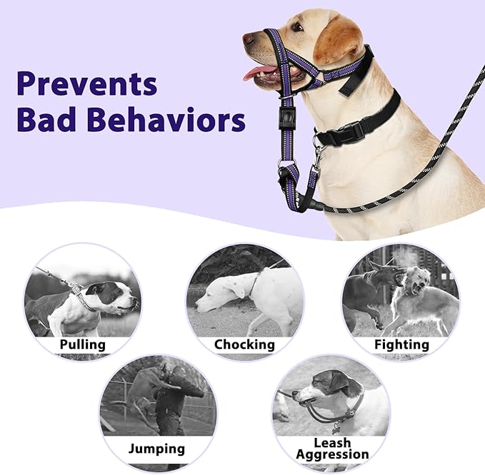 BARKLESS Soft Dog Head Collar, Patented Padded No Pull Head Halter, Training Nose Leash with Safety Link for Medium Large Dogs, Adjustable Muzzle Leash, Easy Control for Walking (XL, Purple)