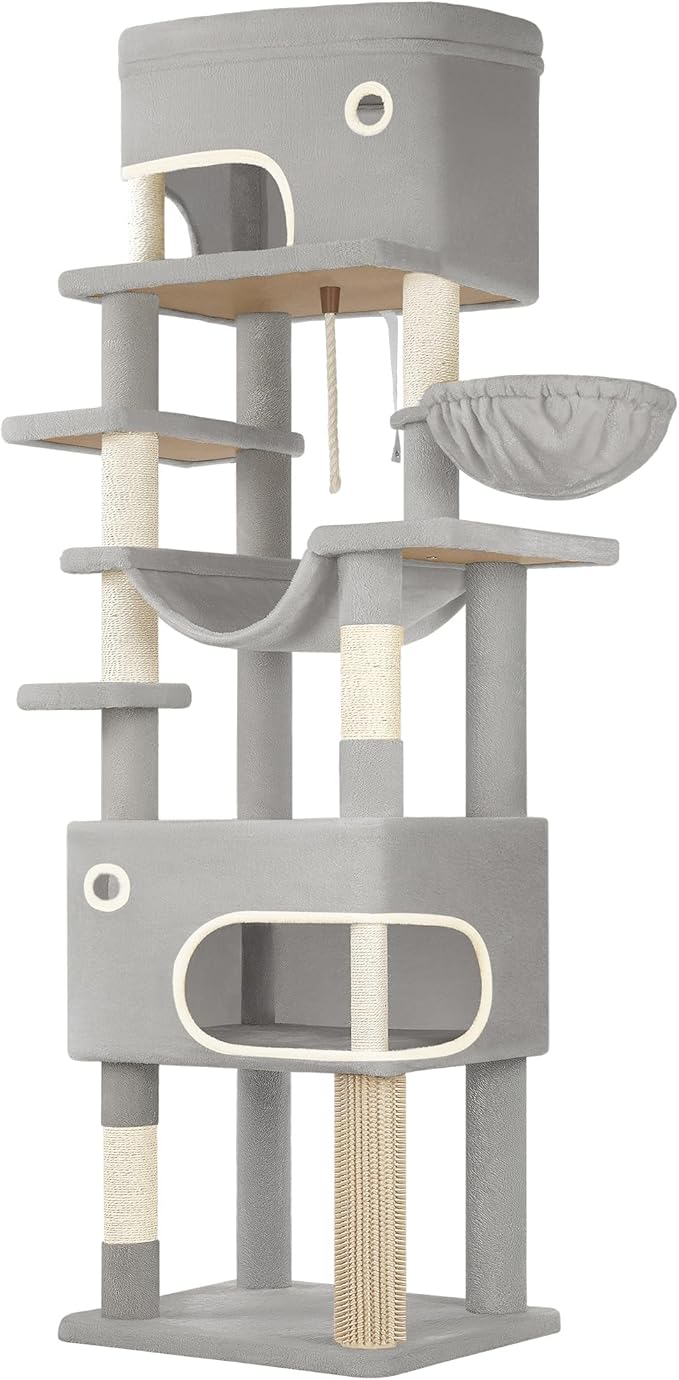 79.9 inch Cat Tree for Indoor Cats, Multi-Layer Scratching Post with Large Platform, 2 Caves, 7 Sisal Posts, Pompoms, Cat Basket, Hammock, Suitable for Cats, Light Grey MS20318LG
