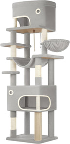 79.9 inch Cat Tree for Indoor Cats, Multi-Layer Scratching Post with Large Platform, 2 Caves, 7 Sisal Posts, Pompoms, Cat Basket, Hammock, Suitable for Cats, Light Grey MS20318LG