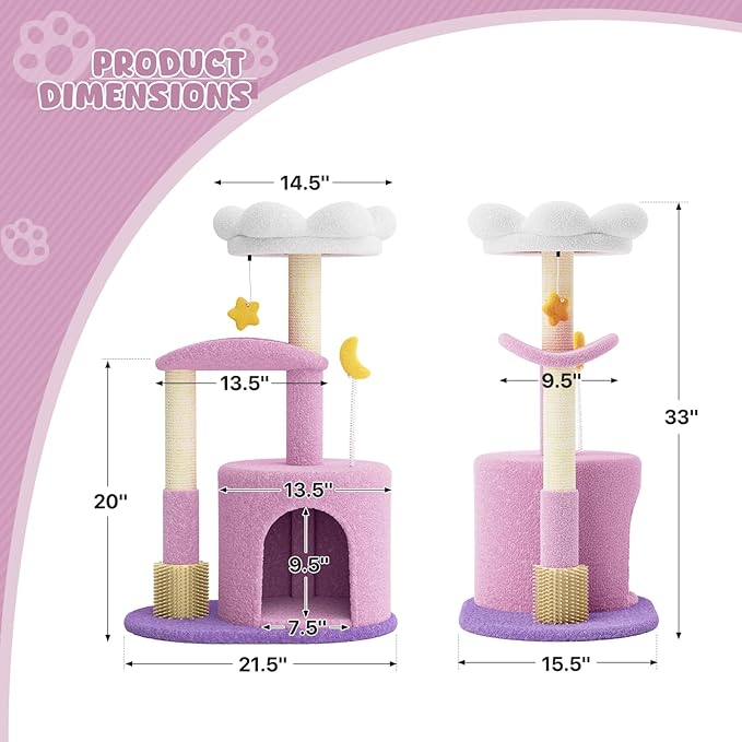 Magshion 33" Flower Cat Tree for Indoor Cats, Compact Cat Tower with Condo, Scratching Posts, Flower Perch & Dangling Toys for Kittens & Small Cats, Cute Cat Furniture Stand, Purple