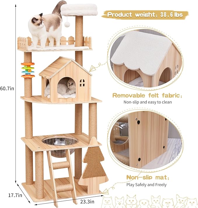 Cat Tree, Wood Cat Tree Tower for Indoor Cats, 60.7" Modern Cat Tower with Sisal-Covered Scratching Posts and Top Perch，Cat Condo with Acrylic Hammock for Small Large Cats