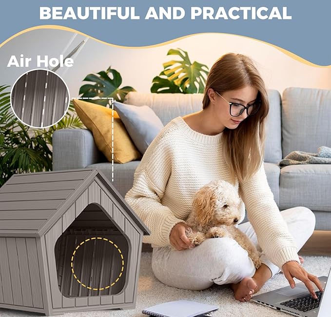 Dog House Indoor Outdoor Puppy Kennel Animal Shelter Water Resistant Easy Assembly Sturdy Dog Bed with Air Vents and Elevated Floor(Grey,23.4 * 22.6 * 22.8in)