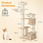 PETSITE 69 Inch Tall Wood Cat Tree, Multi-Level Modern Cat Tower with 5.7 inch Scratching Posts, Double Cat Condos, Space Capsule, Hammock, Large Wooden Cat Tree Tower for Indoor Cats, Natural