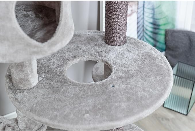 TRIXIE Anna Cat Tree – Cat Tower with Sisal Posts, Dual Hammocks, Caves & Hanging Toy – Indoor Cat Furniture for Scratching & Climbing – Gray, 23.6" x 23.6" x 50.4"