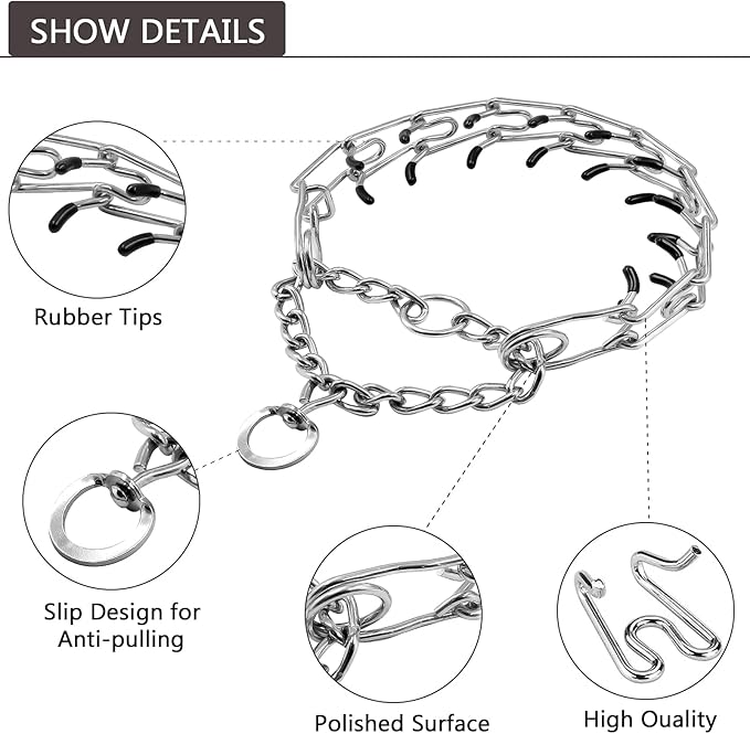 Dog Prong Collar, Adjustable Choke Collar for Dogs, High-Strength Metal Collar with Comfort Rubber Tips, for Large Breeds