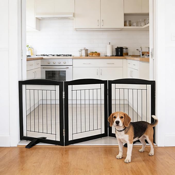 Dog Fence Indoor,Dog Gate Indoor for Doorway pet gate -3-Panel Freestanding, Hallways, House or Stairs -60x24-Inch Retractable Foldable Expandable Wood Pet by SFJC (Black) ﻿