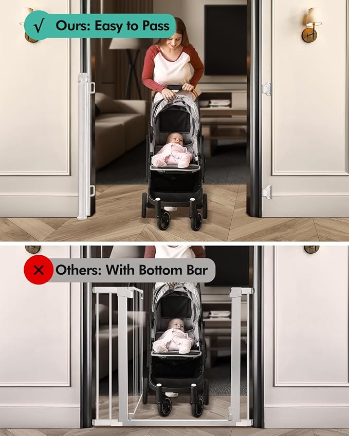 2PCS Retractable Baby Gates, Mesh Dog Gate for Doorways, 33.6" Tall, Expands to 55" Wide,Pet Safety Essential Fit for Baseboards, Wide Toddlers Gates for Hallways, Indoor & Outdoor,White