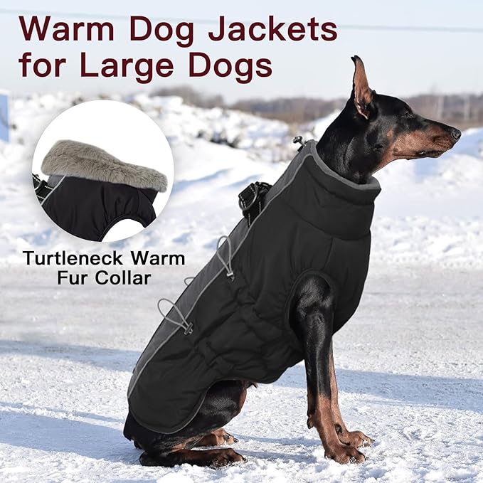 Medium Dog Coat - Warm Zip Up Snowsuit Dog Harness Vest, Reflective, Water-Resistant, Black