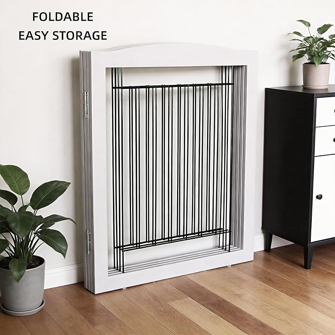 ZJSF Freestanding Dog Fence Indoor, Foldable Dog Gate for Doorways, Stairs or Hallways, Sturdy Wood Extra Wide Pet Gate with Support Feet for The House, Grey, 32 "Height-3 Panels