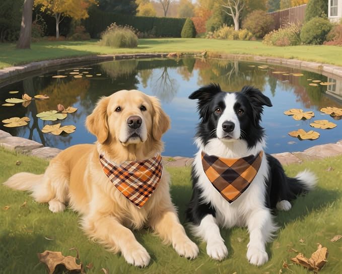 2PCS Thanksgiving Dog Bandanas,Fall Dog Bandanas,One Side Orange Plaid,The Other Side Pumpkin or Spider Web Bibs,Holiday Pet Scarf for Boy and Girl Dogs,Halloween Pet Outfit for Medium to Large Dogs