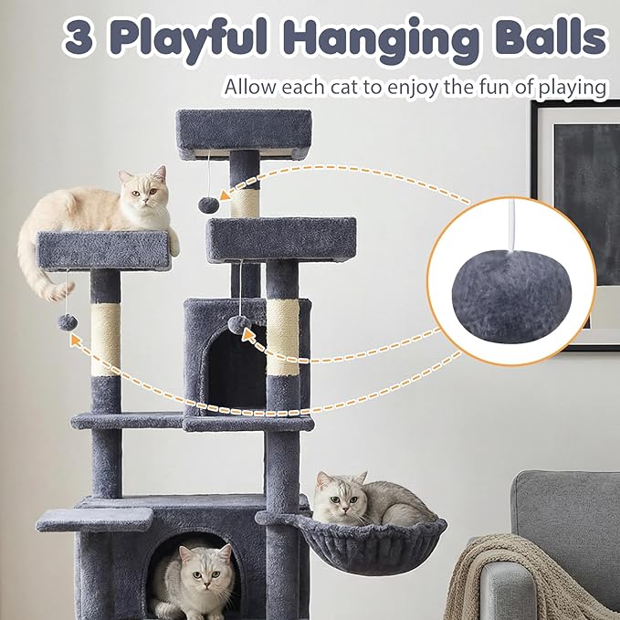 Tangkula 65 Inch Tall Cat Tree, Multi-Level Cat Tower with Sisal Scratching Posts & Board, 2 Condos, 3 Plush Top Perches, Adjustable Basket, 3 Hanging Balls for Indoor Cats (Dark Gray)