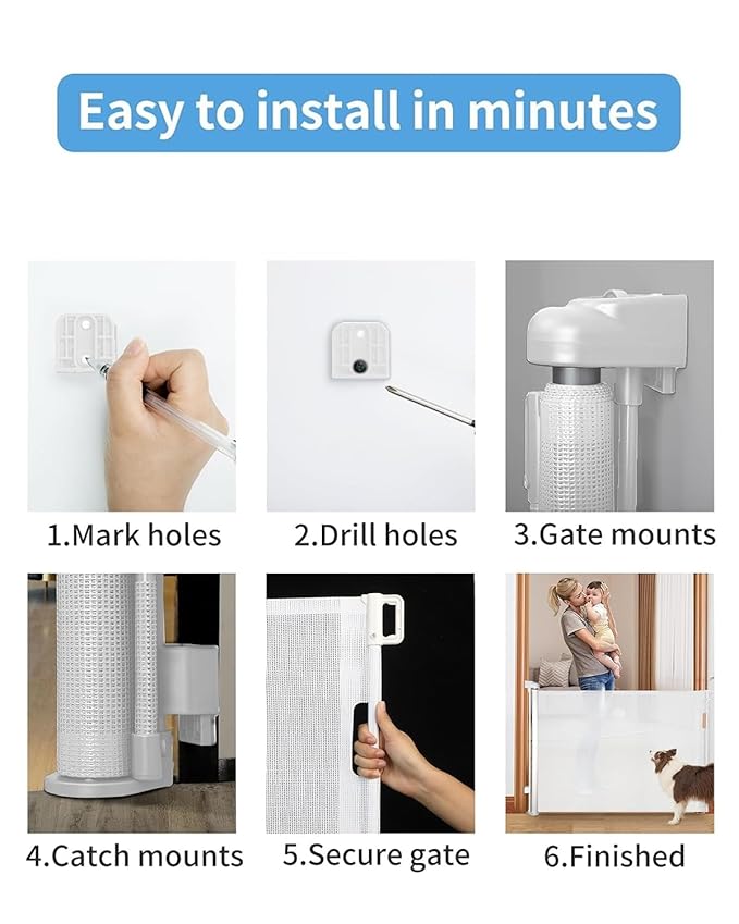 Retractable Baby Gate for Doorways and Stairs, Mesh Safety Gate for Pet, Indoor & Outdoor Use, One-Hand Operation, Easy Installation, 33.6" Tall, Expands to 55" Wide（White,33.6"x55"