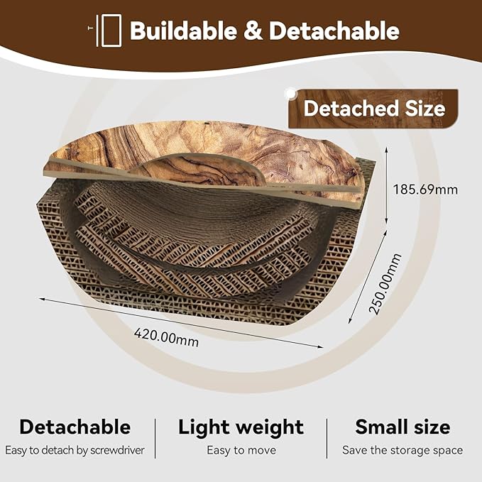 Cat Scratcher House, Cozy Cardboard Design, Safe and Secure for Kittens, Eco-Friendly, Wood Grain (Circle)