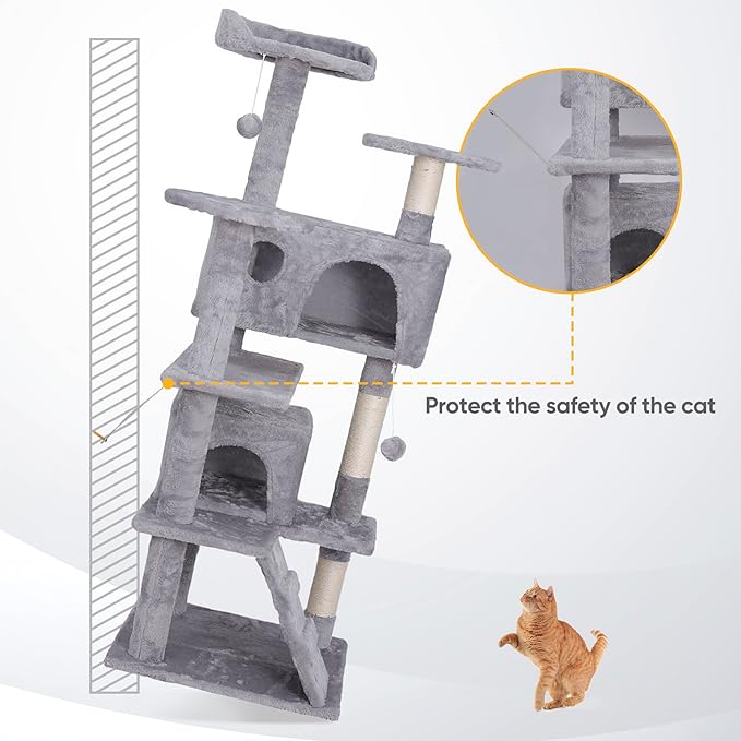 55 inches Heavy Duty Multi-Level Cat Tree Tower with Condo Furniture & Scratching Posts for Kittens Play Rest (Light Grey)