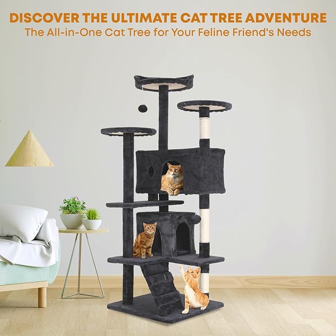 54in Cat Tree Tower for Indoor Cats, Cat Tower with Cat Scratching Post, Multi-Level Cat Furniture, Cat Tower with Funny Toys for Kittens-Dark Gray