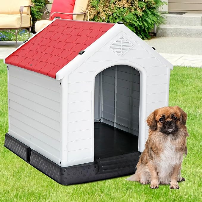 ZENY Plastic Dog House - Waterproof Dog Kennel with Air Vents and Elevated Floor All Weather Indoor Outdoor Insulated Doghouse Puppy Shelter, Easy to Assemble (Red, 28inch)
