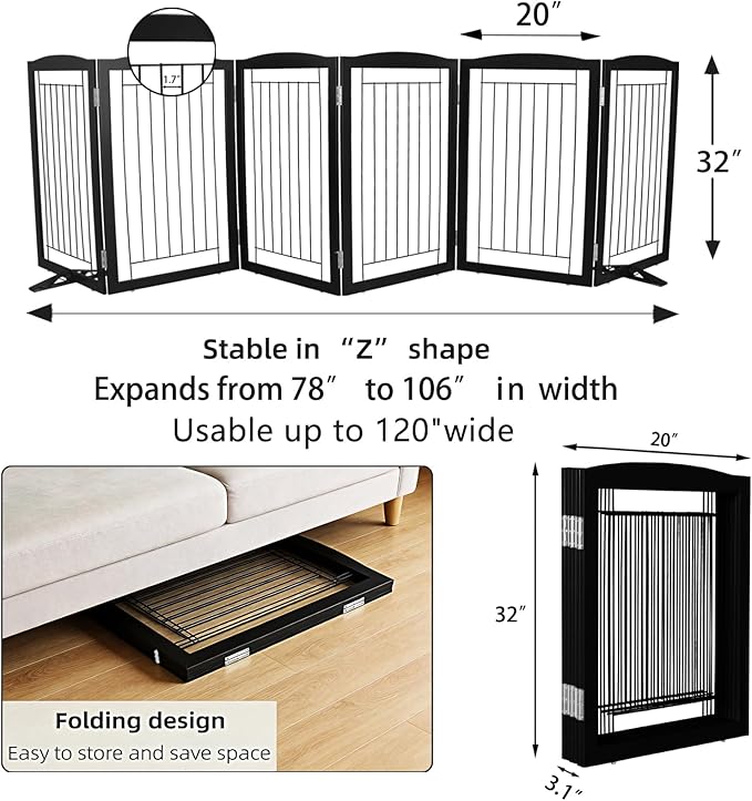 Dog Fence Indoor,Dog Gate Indoor for Doorway pet gate -6-Panel Freestanding, Hallways, House or Stairs -120x32-Inch Retractable Foldable Expandable Wood Pet by SFJC (Black) ﻿