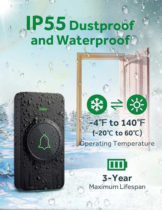 AVANTEK Wireless Door Bell, CB-21 Mini Waterproof Wireless Doorbell Operating at Over 1000 Feet, 2 Remote Buttons Can Have Different Tones, 52 Melodies, CD Quality Sound and LED Flash