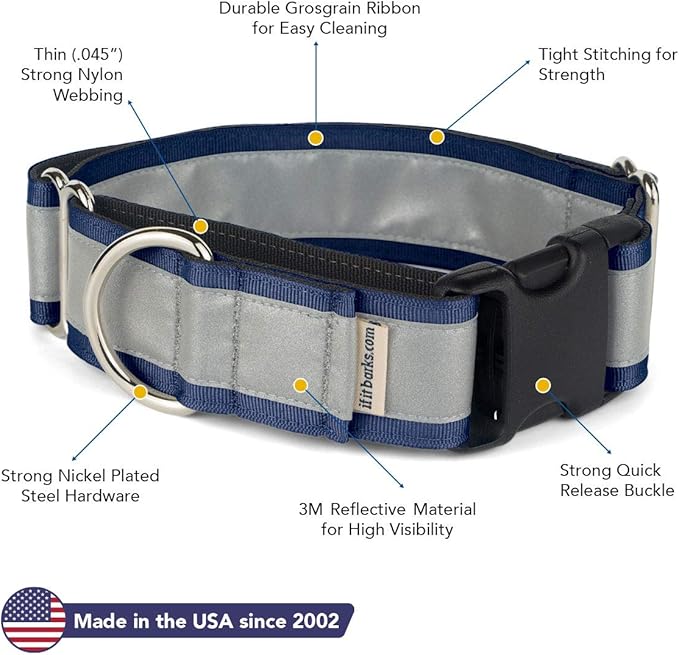 If It Barks - 1.5" Reflective Martingale Collar with Quick Snap Buckle for Dogs - Adjustable - Made in USA - Strong, Durable, and Comfy - Ideal for Training - Fits Most Breeds - Small, Navy