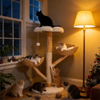 Bingopaw Modern Cat Tree Tower: 44Inch Large Cats Tree with Rattan Basket and Sturdy Base - Wooden Cat Tree with Scratching Post and Flower Shape Platform