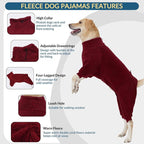 ROZKITCH Fleece Dog Pajamas with Four Legs, Super Warm Coral Velvet Jacket for Cold Weather, Turtleneck Pjs Snow Suit with Drawstrings & Leash Hole for Walk Hiking Red XS