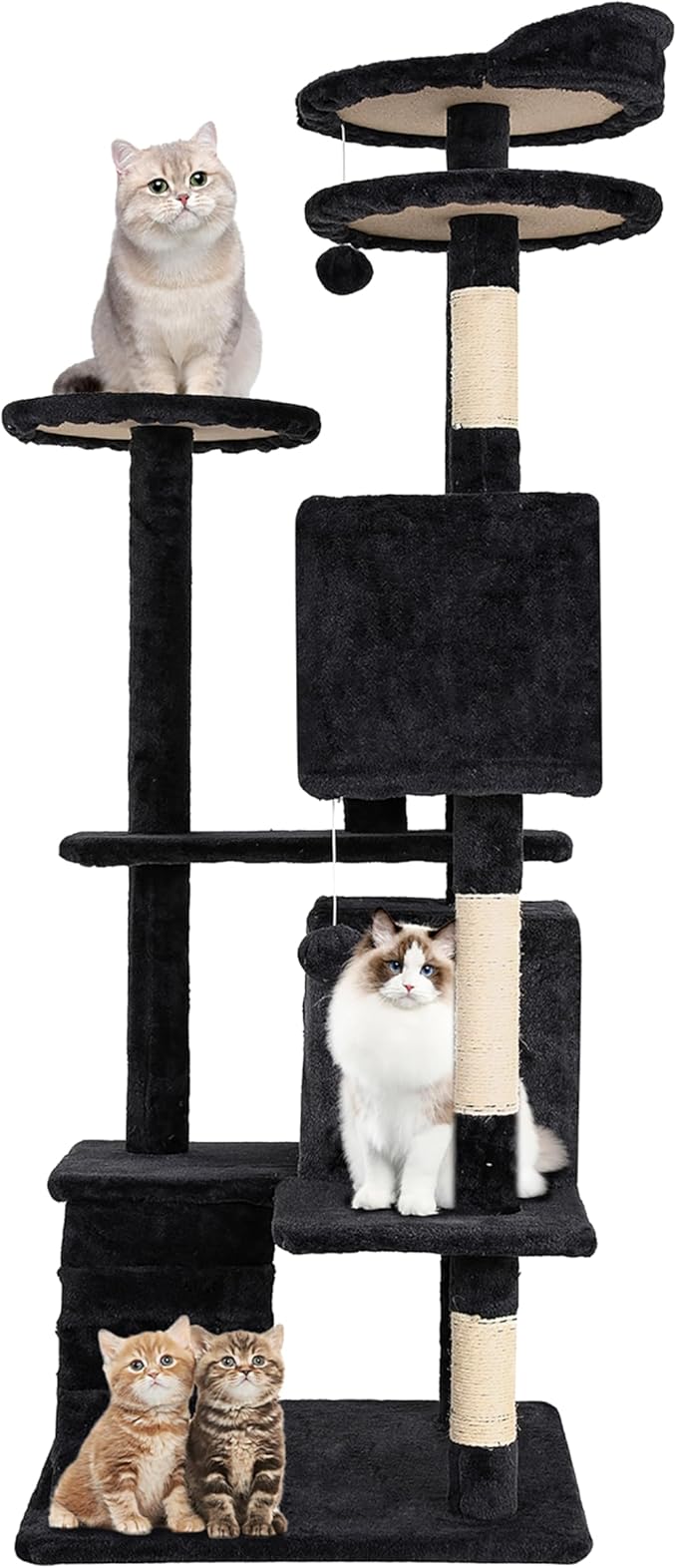 24/7 Shop at Home Court 54 inch Multi-Level Cute Cat Tree Tower with Dangling Ball and Scratching Posts for Indoor Cats Adults, Kitten Supplies, Pet House, Dark Gray