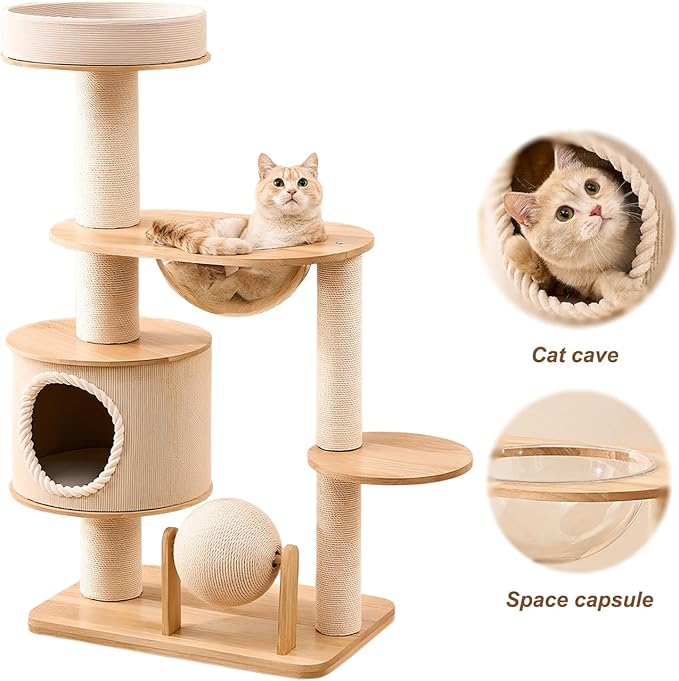 Modern Solid Wood Cat Tree Tower with Scratching Aesthetic 44.29 Inches Tall Cat Towers with Unique Space Capsule and Cat Bed for Indoor Cats 2026