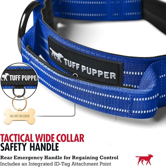 Tuff Pupper Tactical Dog Collar with Handle | Heavy Duty Adjustable Dog Collar | Military Nylon Collar for Large Dogs | Quick-Release Buckle | Soft Padded Comfort | Training Control (Blue, Large)